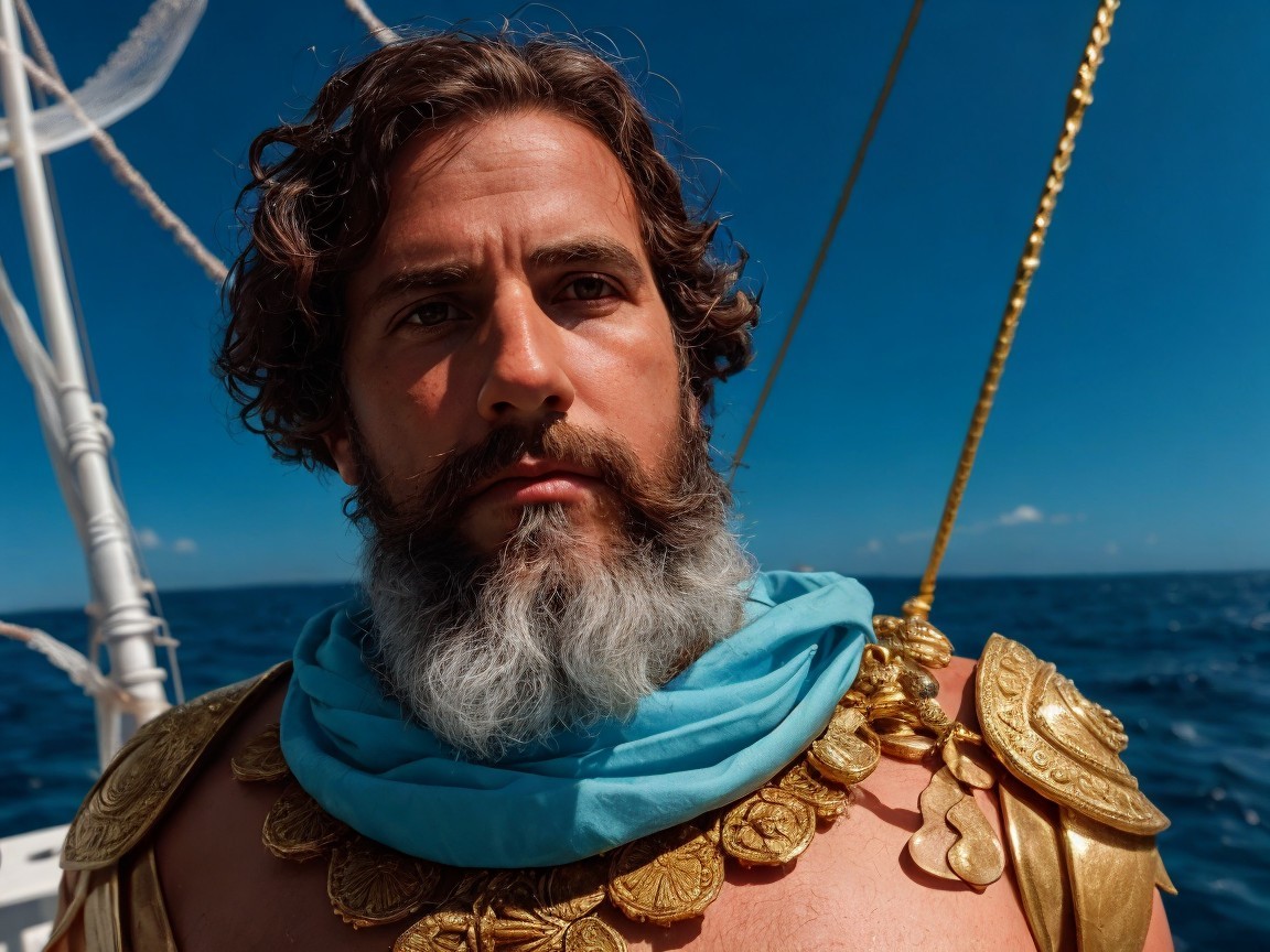 Man in Golden Armor Against Ocean Background