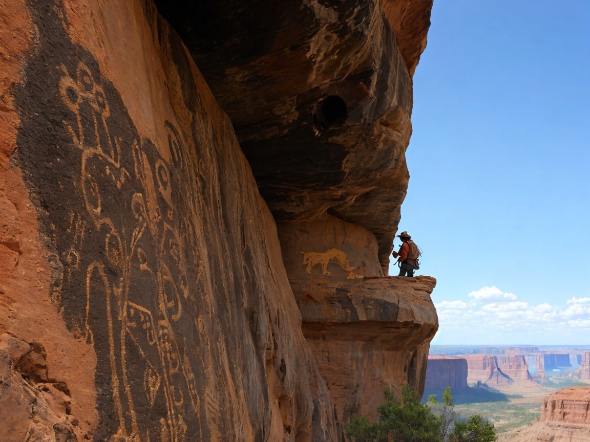 Person Observing Ancient Petroglyphs on Rocky Ledge