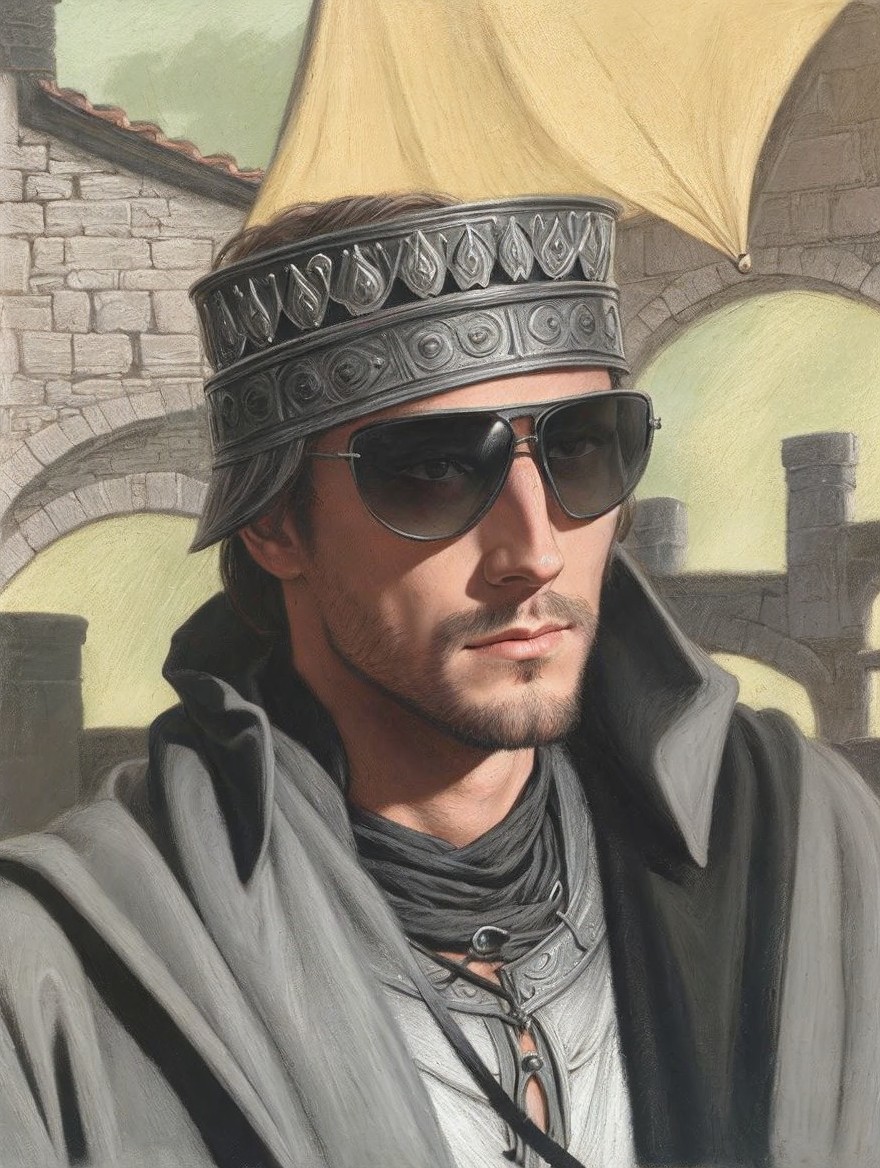 Portrait of a man in crown and sunglasses against stone