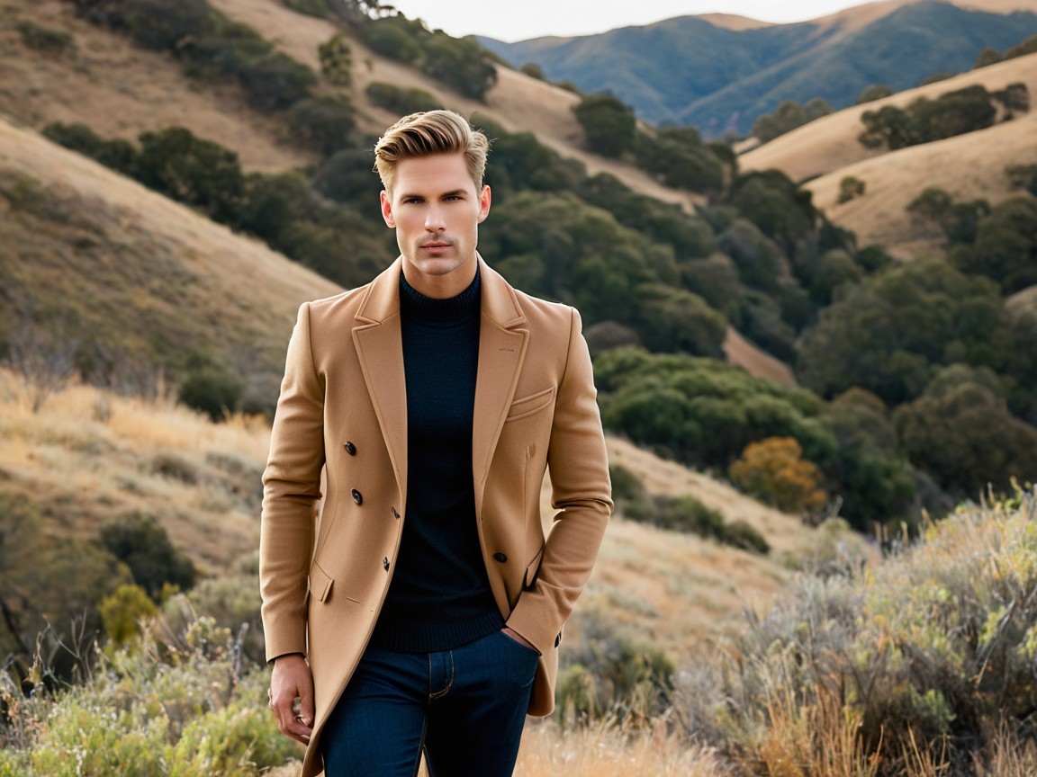 Stylish Man in Beige Coat in Serene Outdoor Landscape