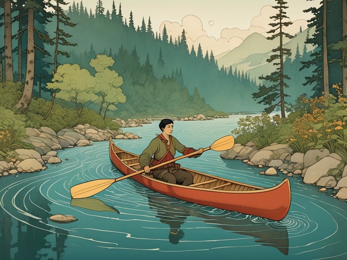 Lone Canoeist on a Calm River Surrounded by Nature