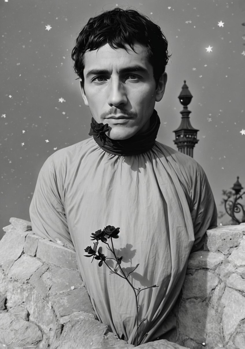 Black-and-white portrait of a man with a rose