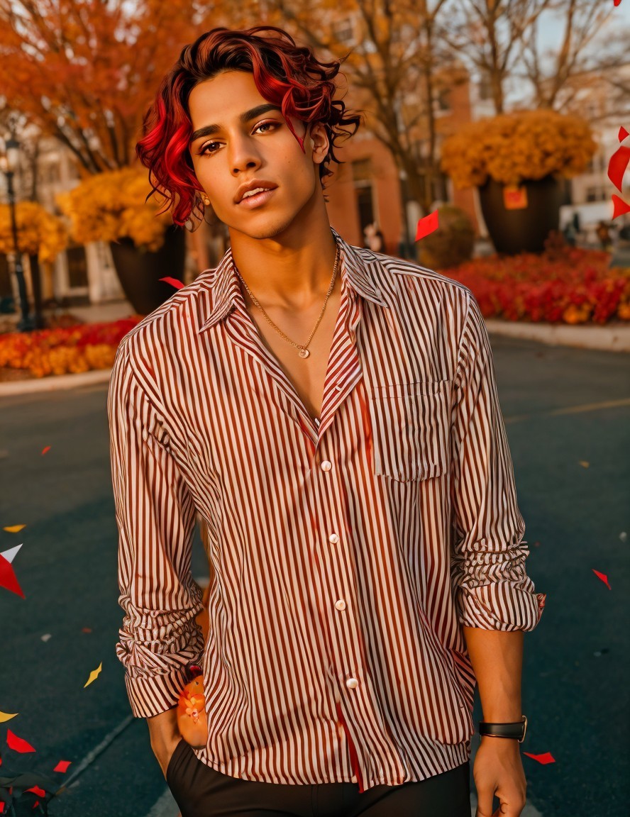 Young man in autumn setting with vibrant hair highlights