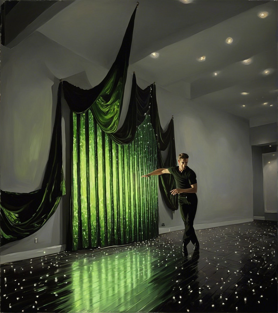 Dancer in Black Outfit Amidst Elegant Green Drapery