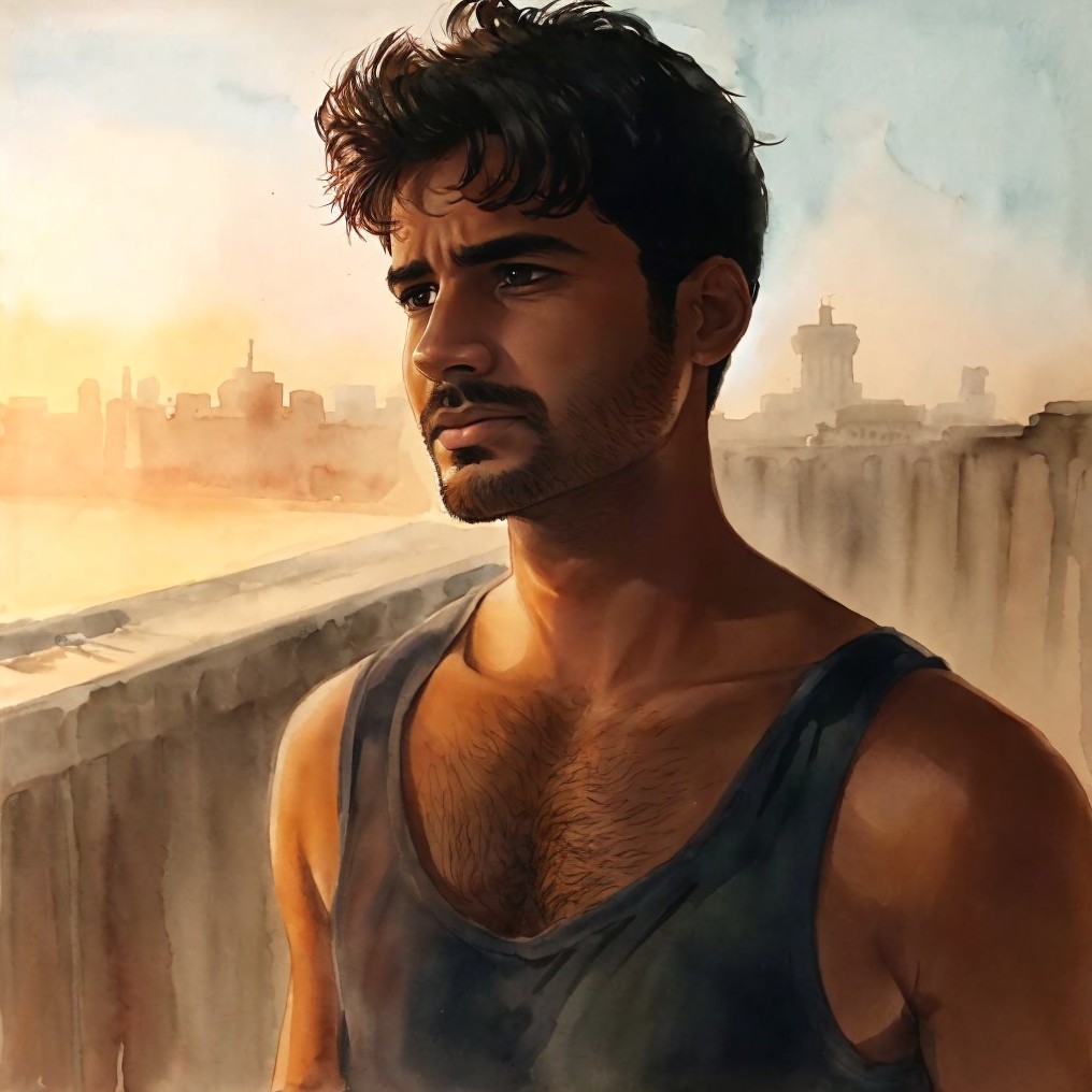 Young man on balcony at sunset with city skyline
