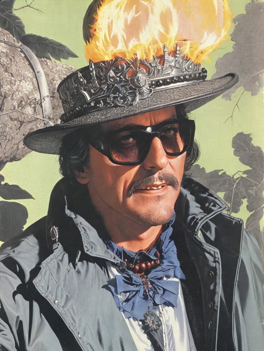 Confident Man in Ornate Hat Against Green Foliage