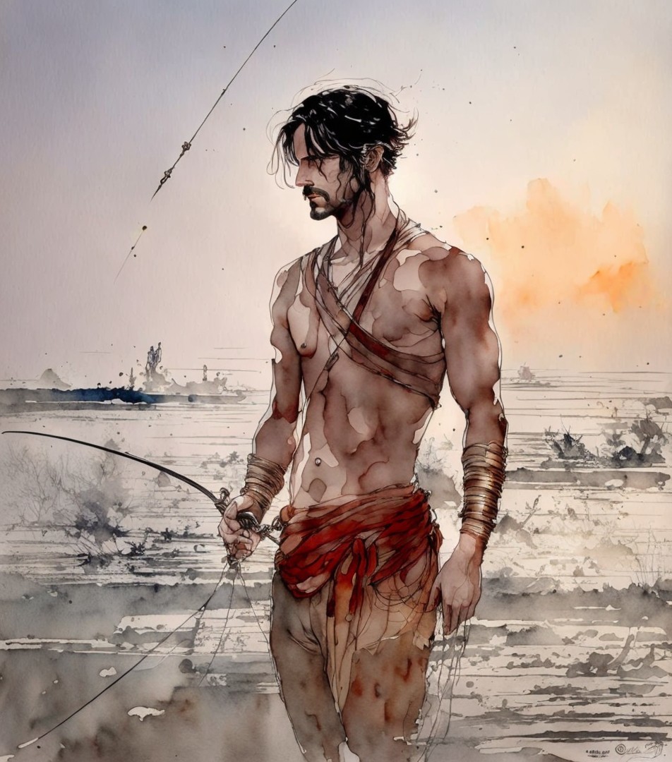 Muscular Man with Spear in Desolate Sunset Landscape
