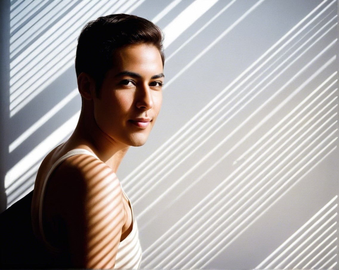 Young man in soft natural light with striped shadows