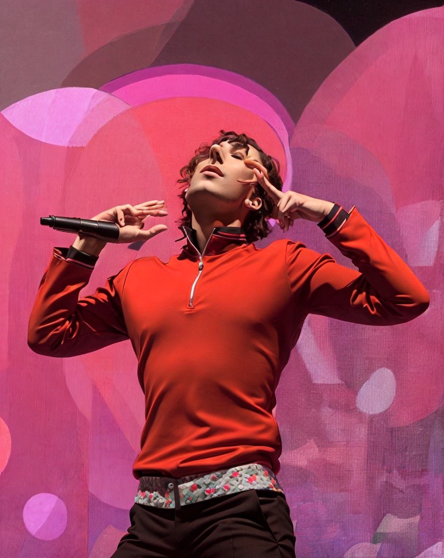 Performer in Red Top Expressing Emotion on Stage