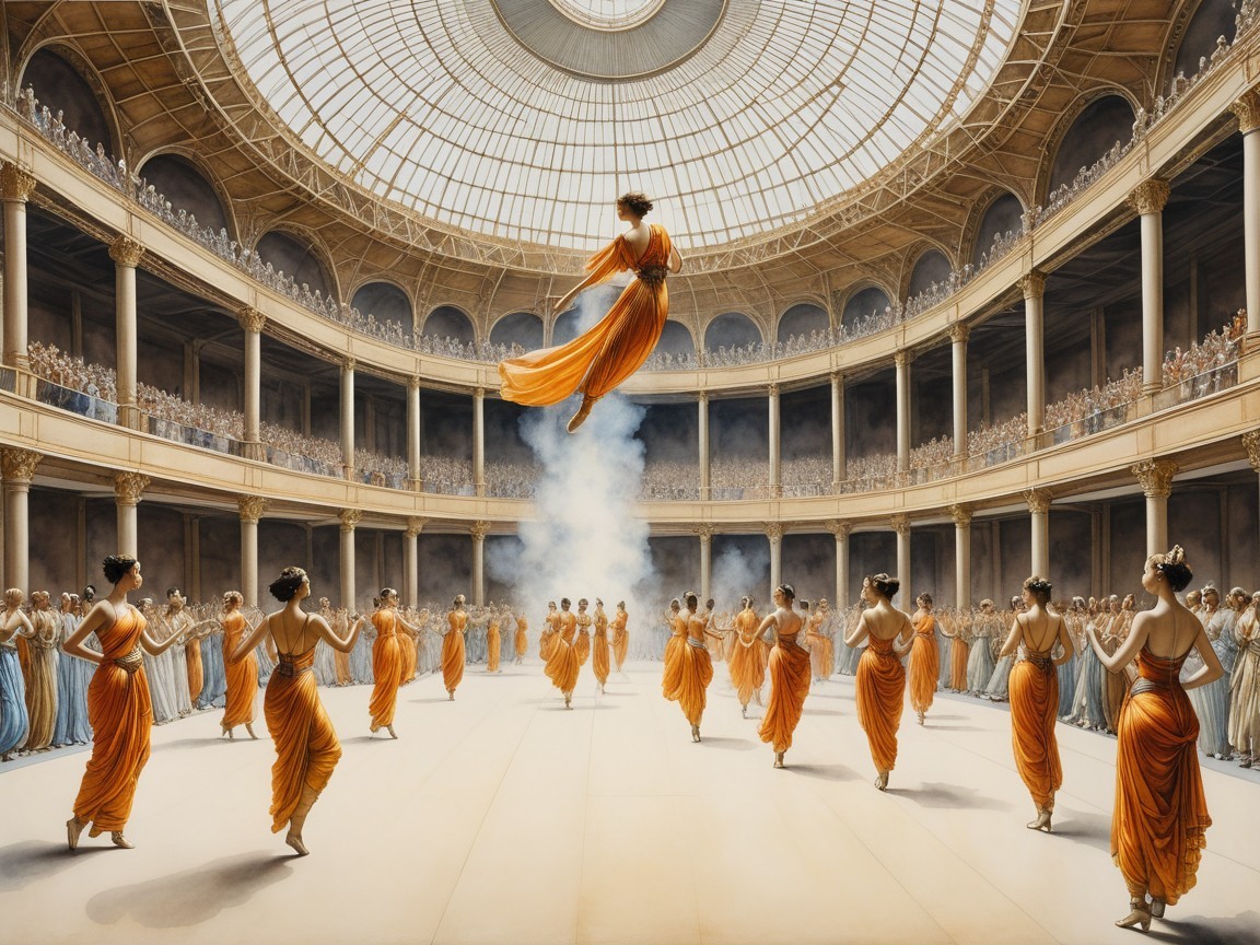 Dancers in Orange Gowns Perform in Circular Hall