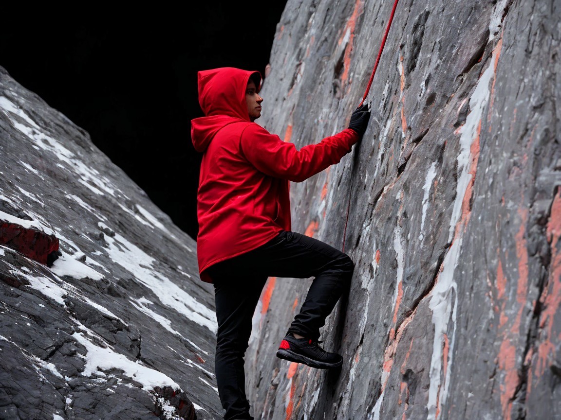 Climber in Red Hoodie Ascends Rocky Snowy Cliff