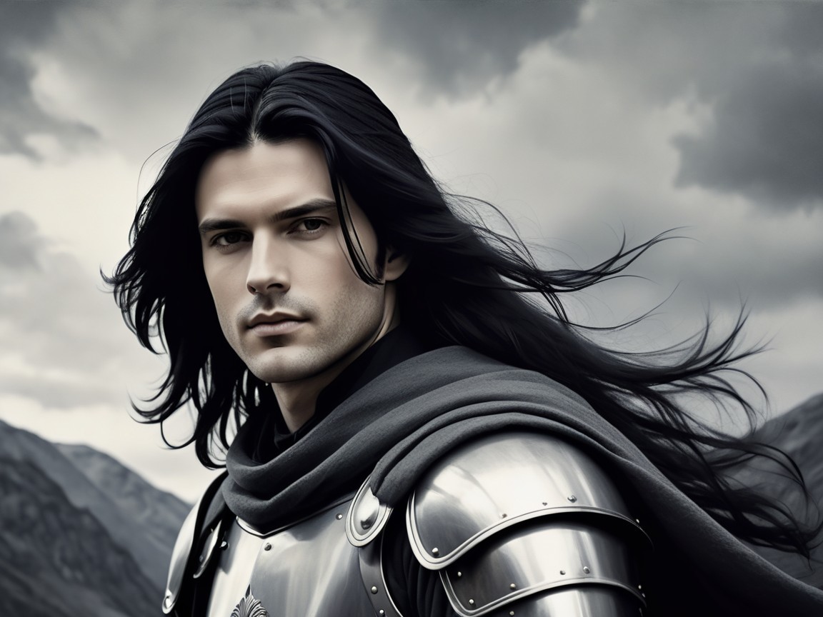 Portrait of a man in armor with dramatic sky backdrop
