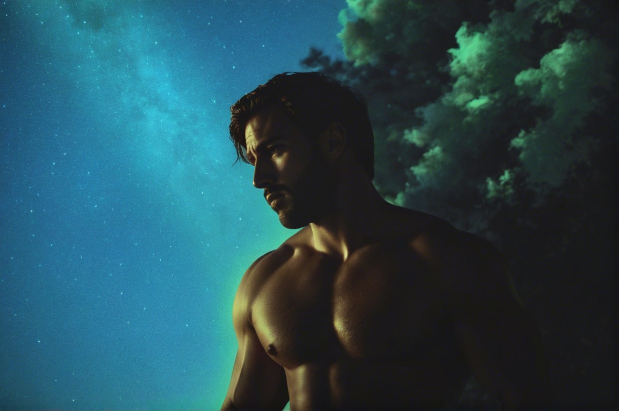 Muscular Man Against Starry Night Sky Background