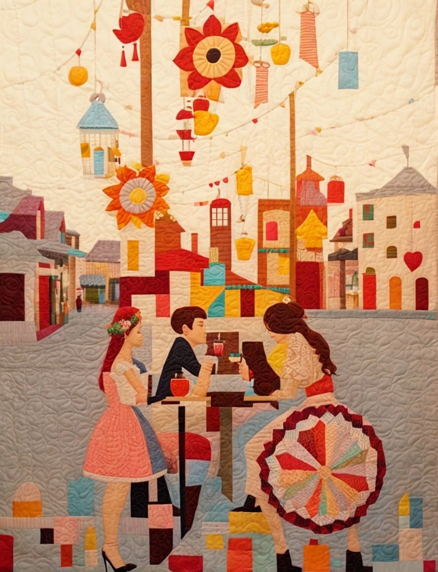 Vibrant Quilt of Colorful Street Scene with Lanterns