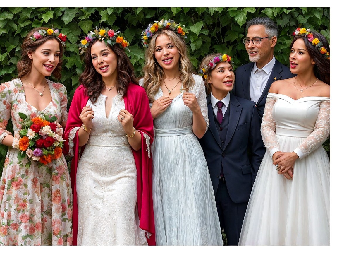Group of six in floral crowns celebrating outdoors