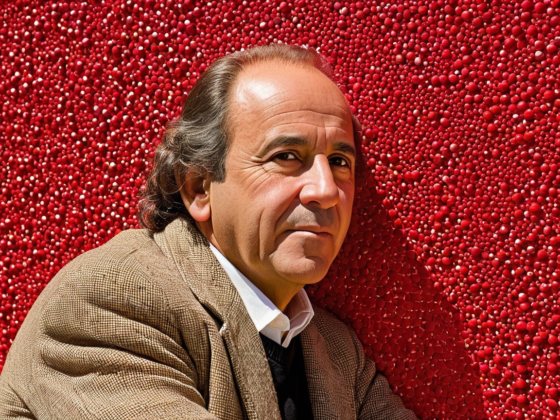 Middle-aged man in beige blazer against red wall