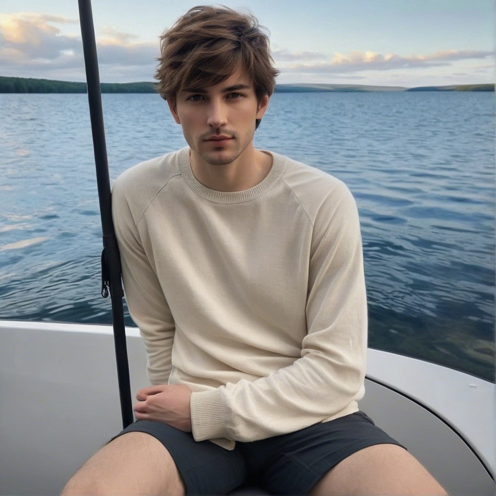 Young man in boat on tranquil lake surrounded by nature