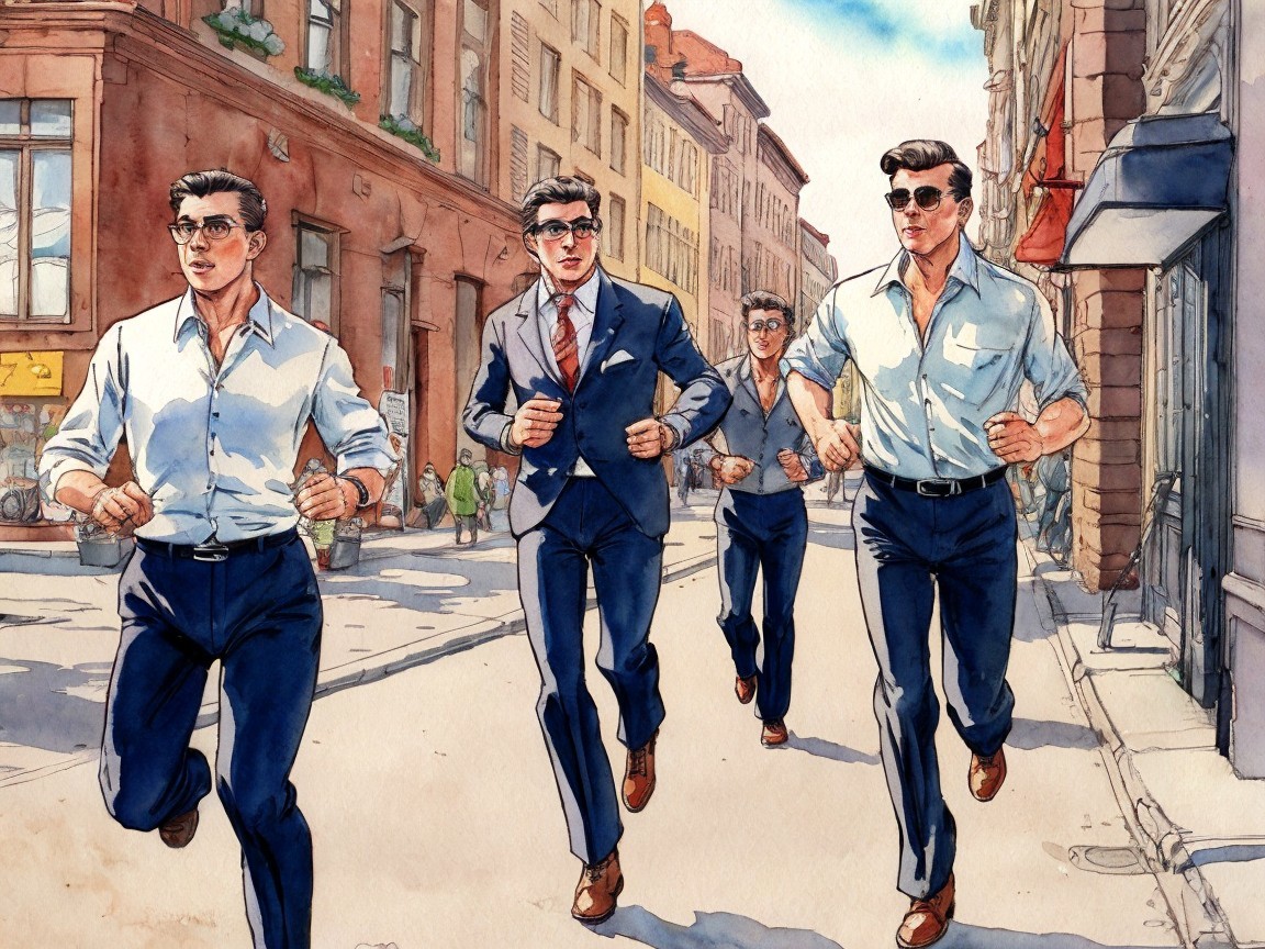 Stylish Men Running on a Charming Urban Street