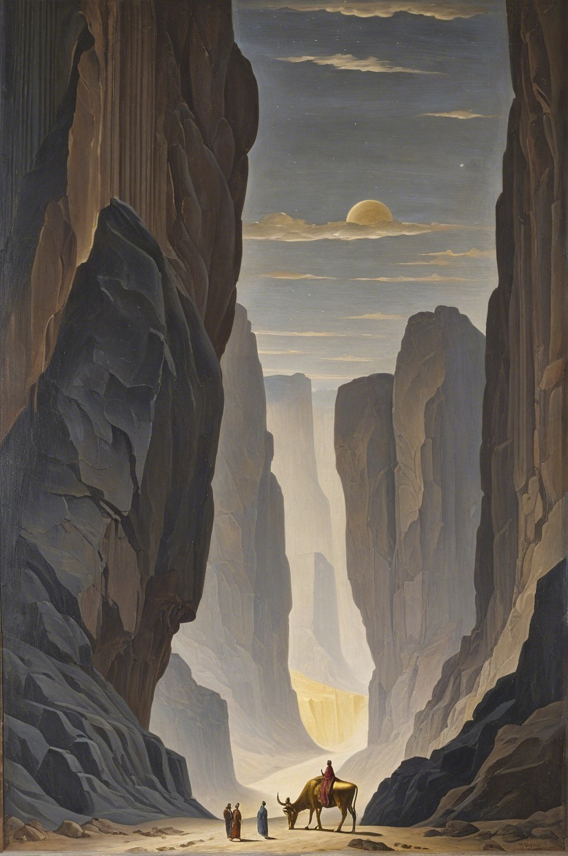 Majestic canyon with figures and serene moonlight