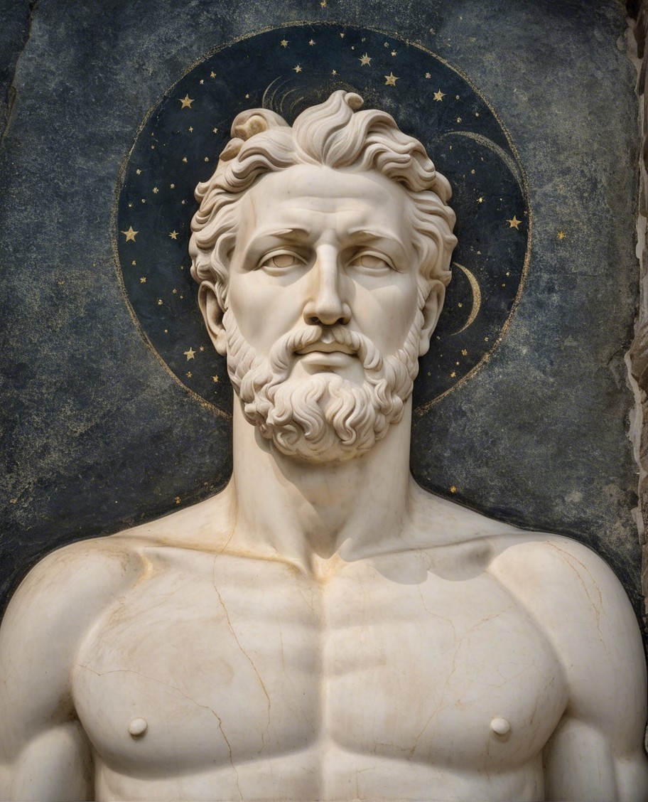 Marble Statue of Muscular Male Figure with Celestial Background