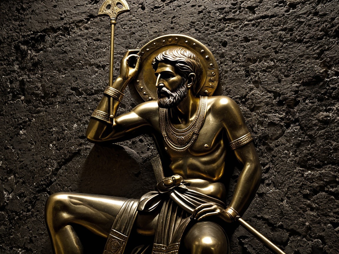 Bronze Statue of Muscular Bearded Figure with Spear