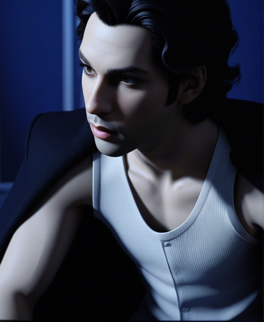 Close-up of a young man in a black blazer and tank top