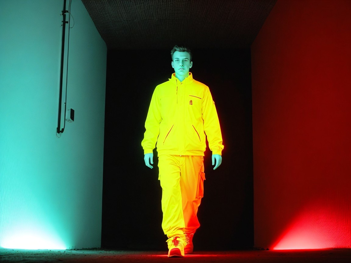 Confident Walk in Neon Yellow Outfit in Dramatic Lighting
