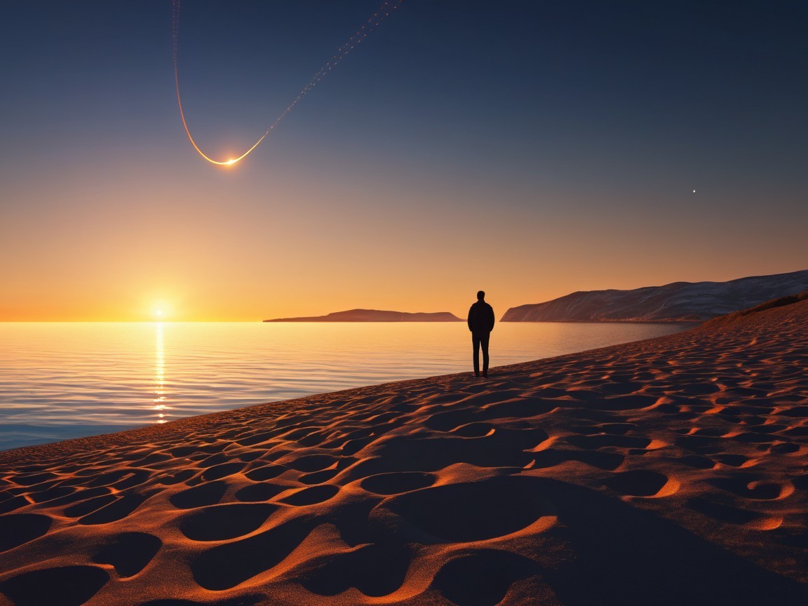Solitary Figure at Sunset Beach with Celestial Horizon