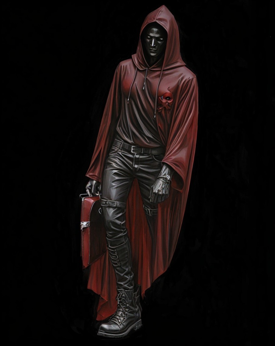 Stylized Figure in Red Cape and Skull Hoodie Outfit