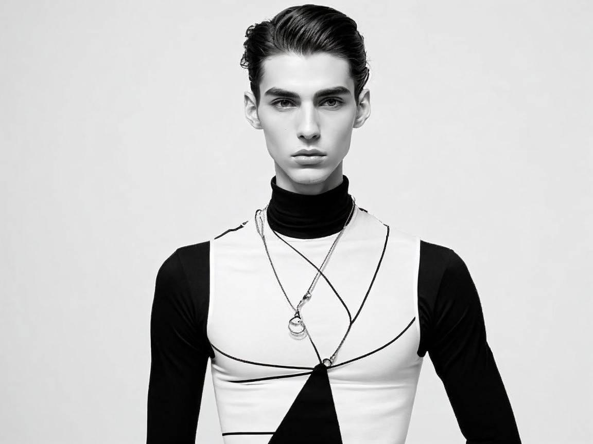 Black-and-white portrait of a young male model's outfit