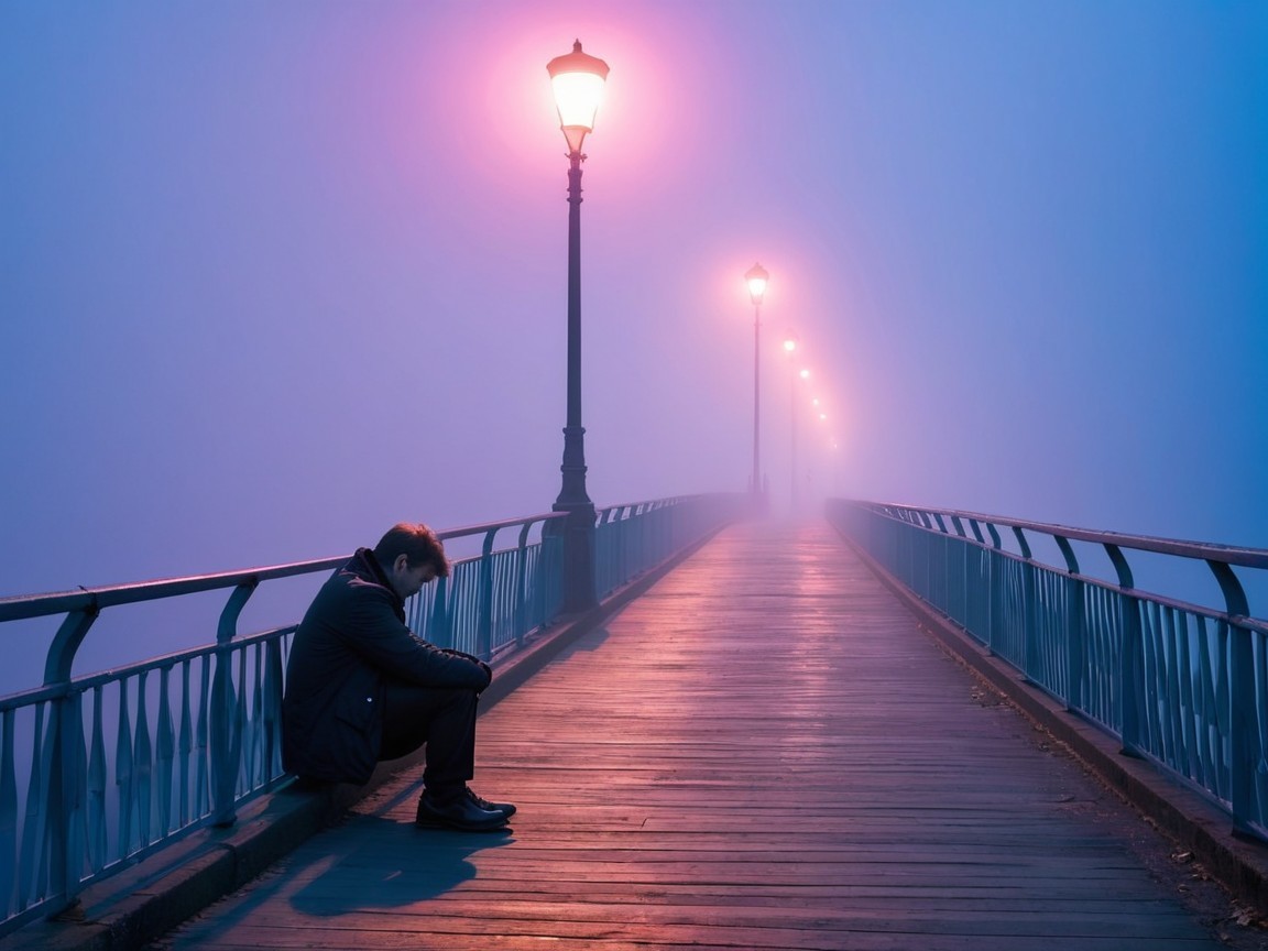 Solitary Figure on a Foggy Bridge at Night