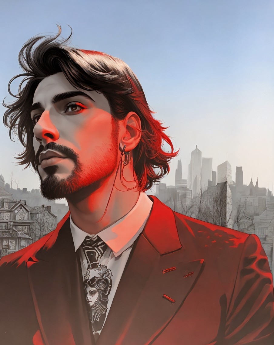 Stylish Young Man in Red Suit Against City Skyline