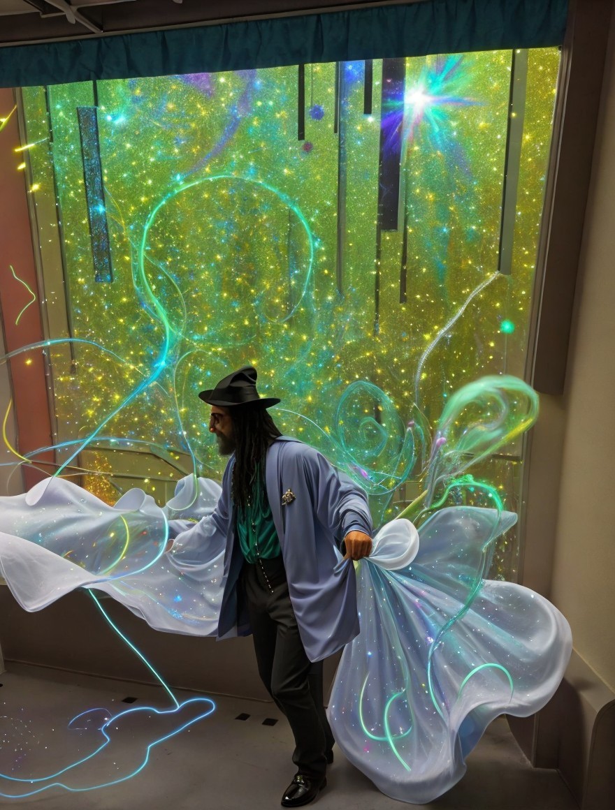 Stylish Figure in Blue Coat Amid Colorful Lights