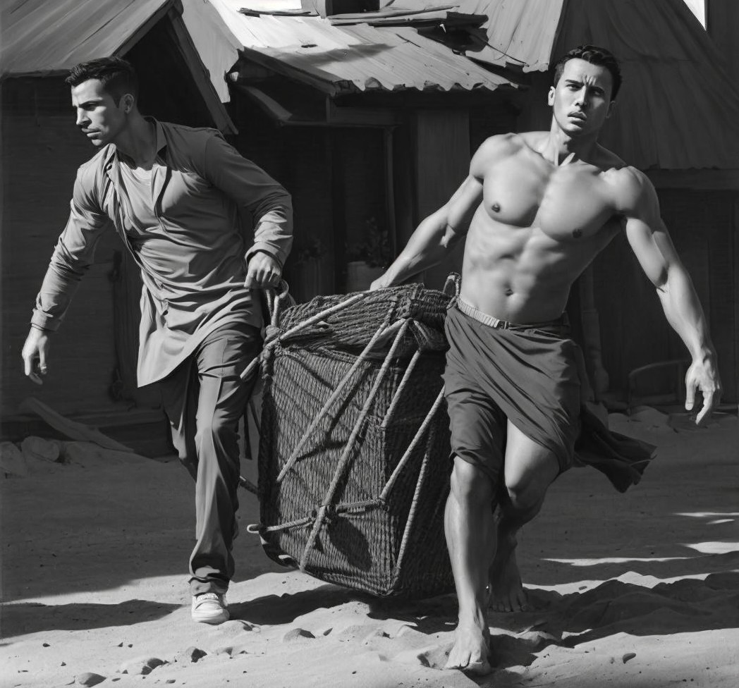 Muscular Men in Traditional Attire Running in Desert