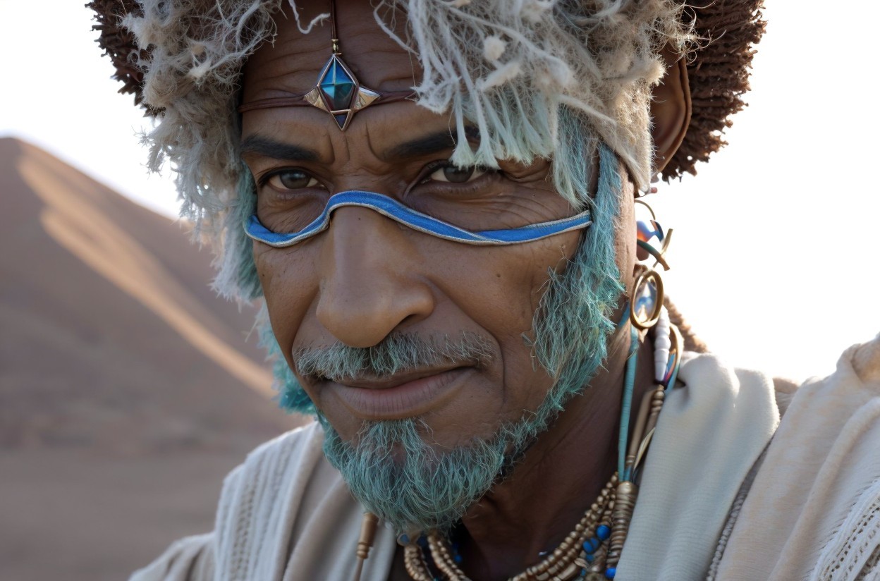 Traditional Attire and Jewelry in Desert Landscape