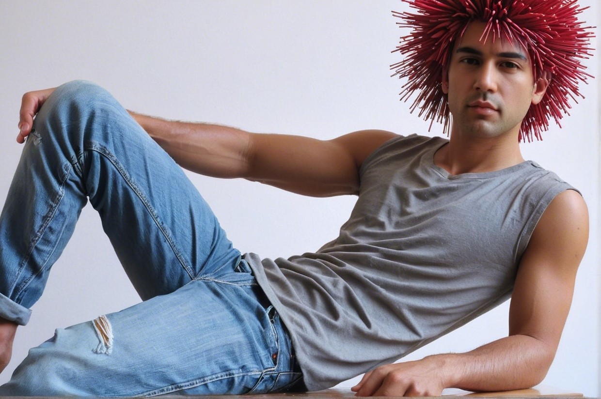Young man in casual outfit with dramatic headpiece
