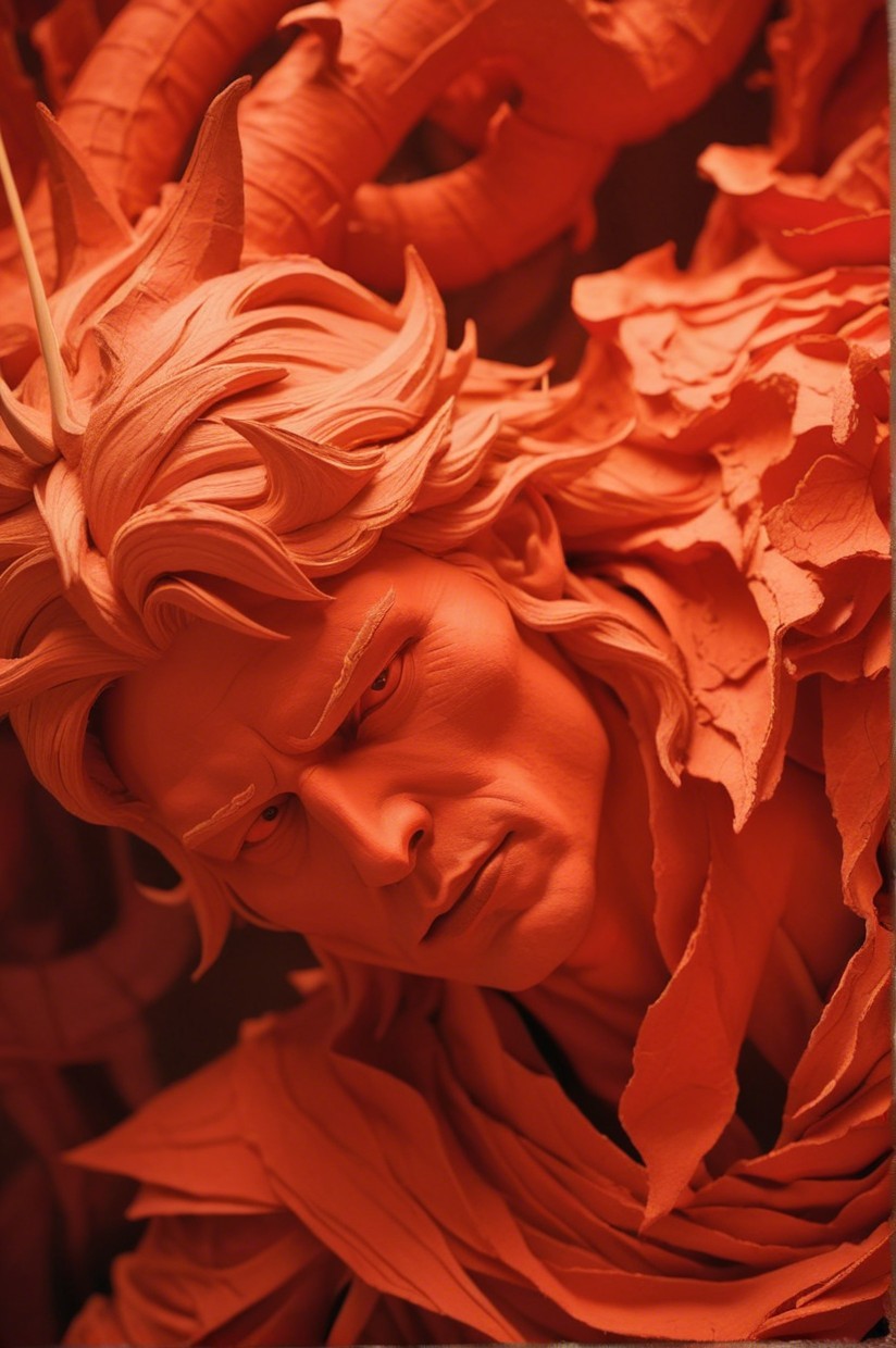 Detailed sculpture with striking facial features and textures