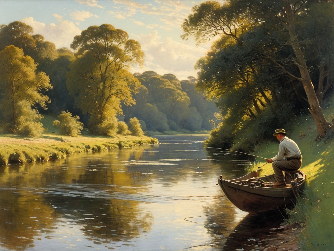 Riverside Scene with Fisherman in Calm Waters