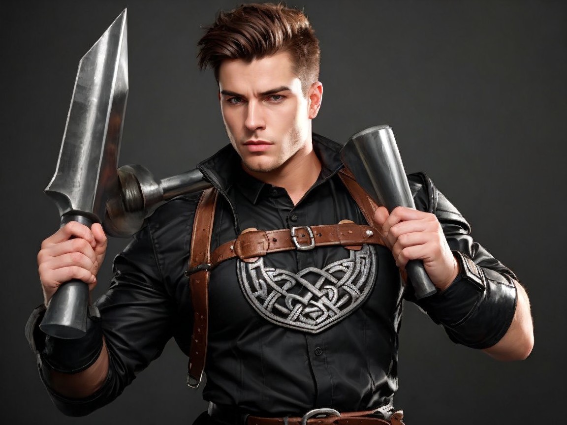 Male warrior with sword and axe in dramatic attire