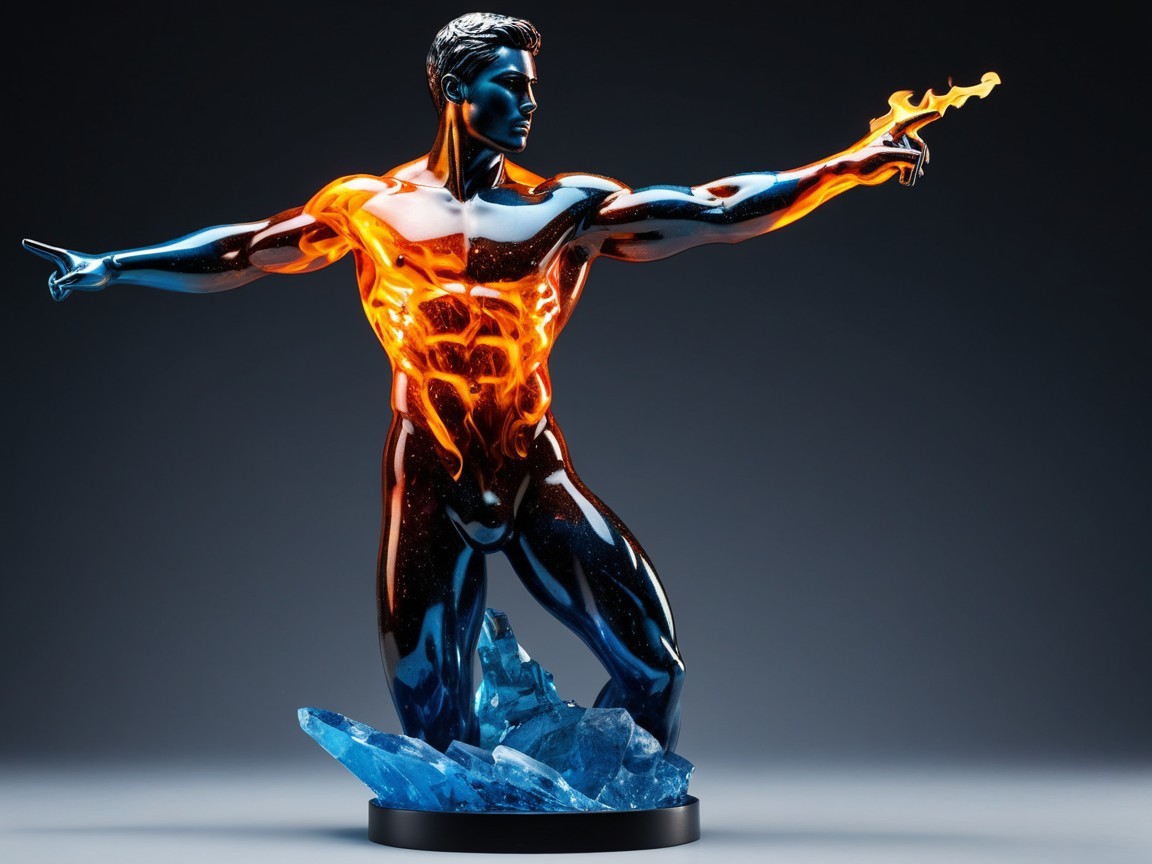 Stylized Male Sculpture with Fiery and Cool Colors