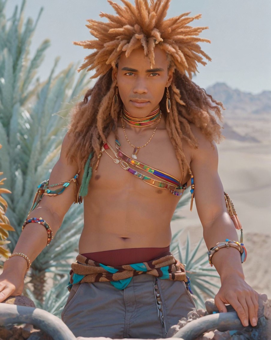 Young man in desert with vibrant accessories and jewelry