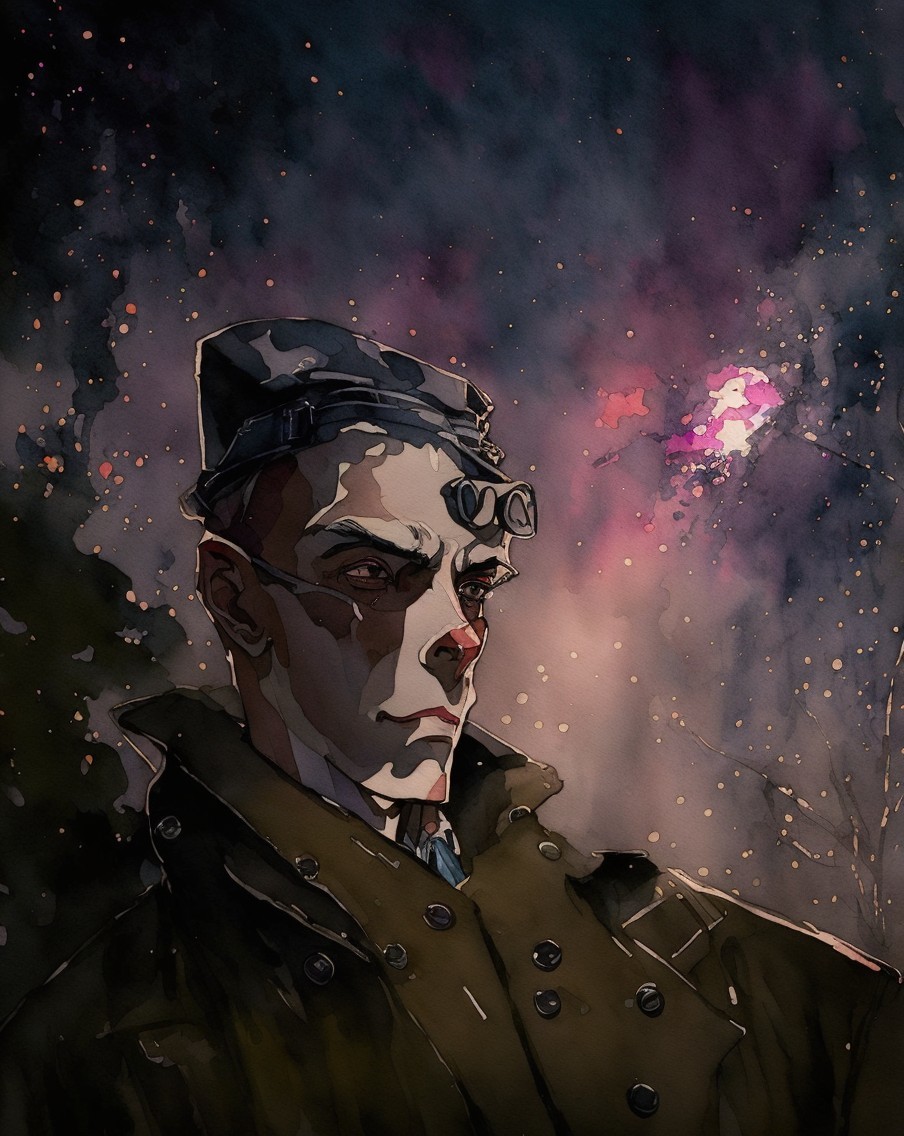 Solemn Figure in Dark Coat Against Cosmic Backdrop