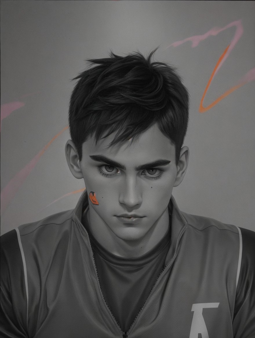 Young man portrait with abstract orange paint detail