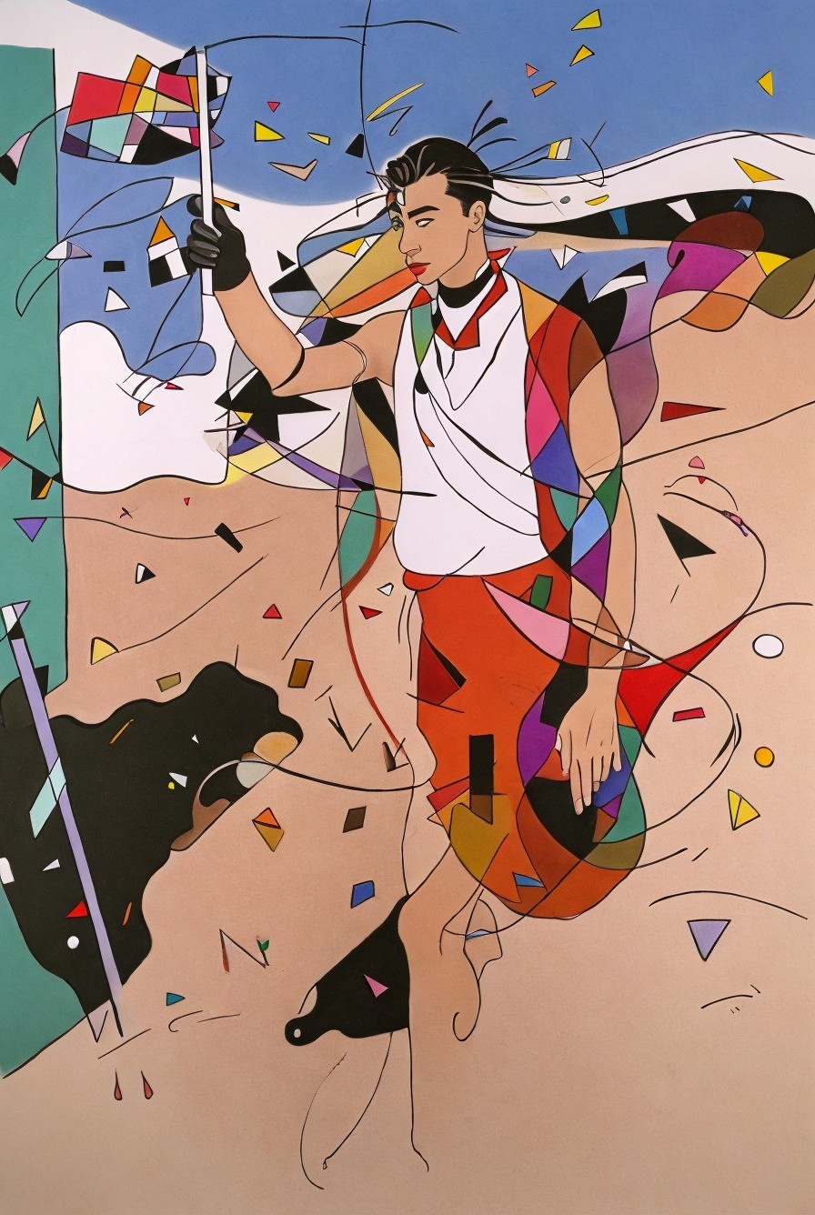 Neo-Cubist Painting of Male Dancer with Flag