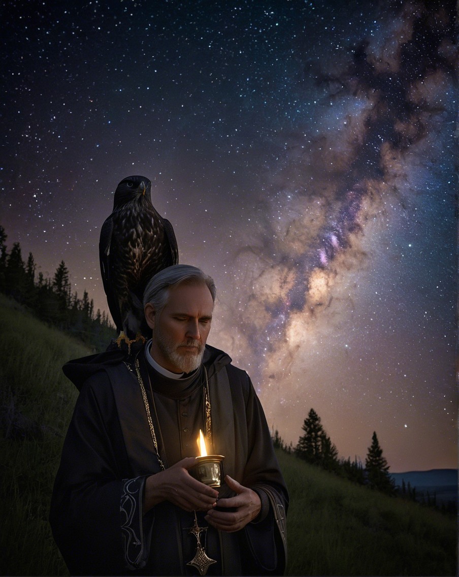 Contemplative figure with candle on hillside under stars