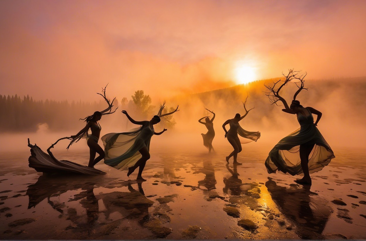 Five Figures Dancing at a Serene Lake at Dawn
