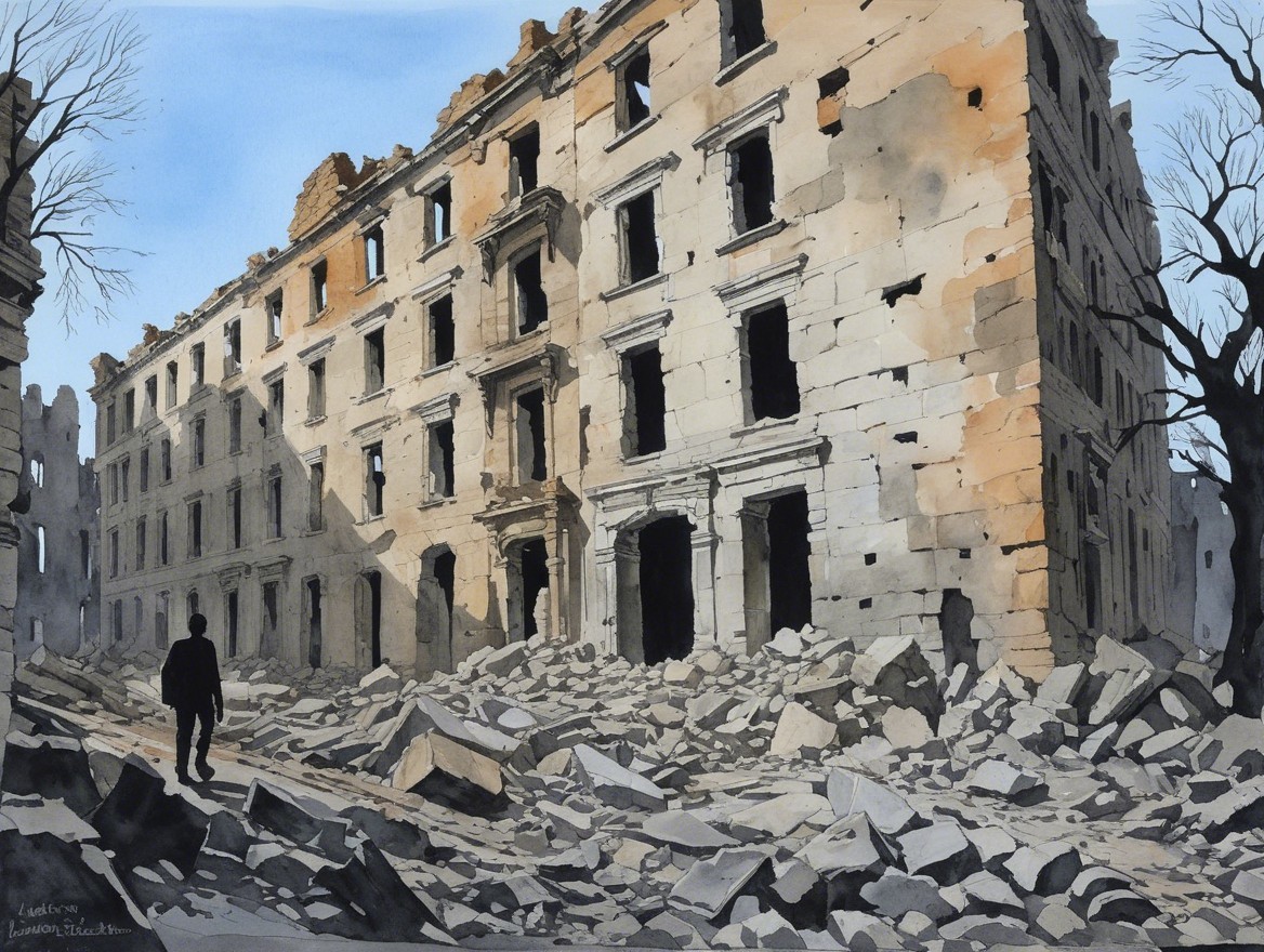 Ruined Building Surrounded by Debris and Shadows