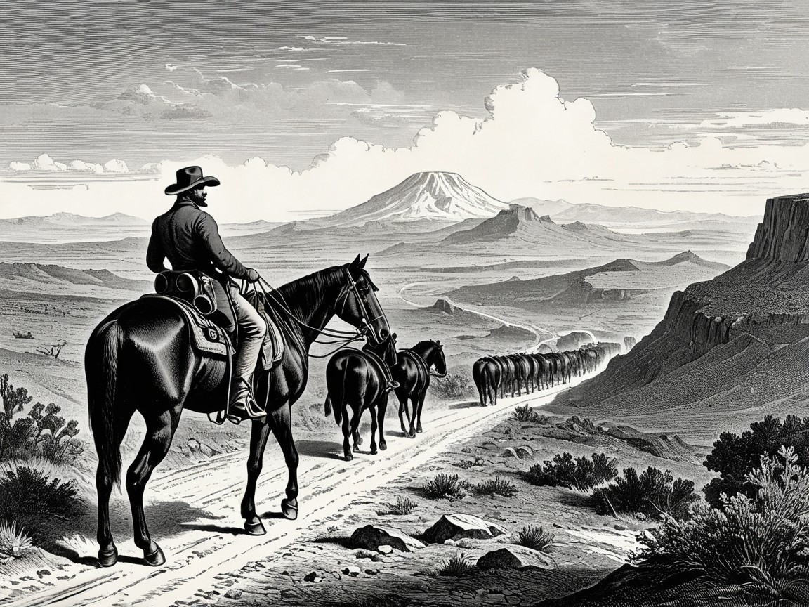 Cowboy Herding Cattle in Rugged Wild West Landscape