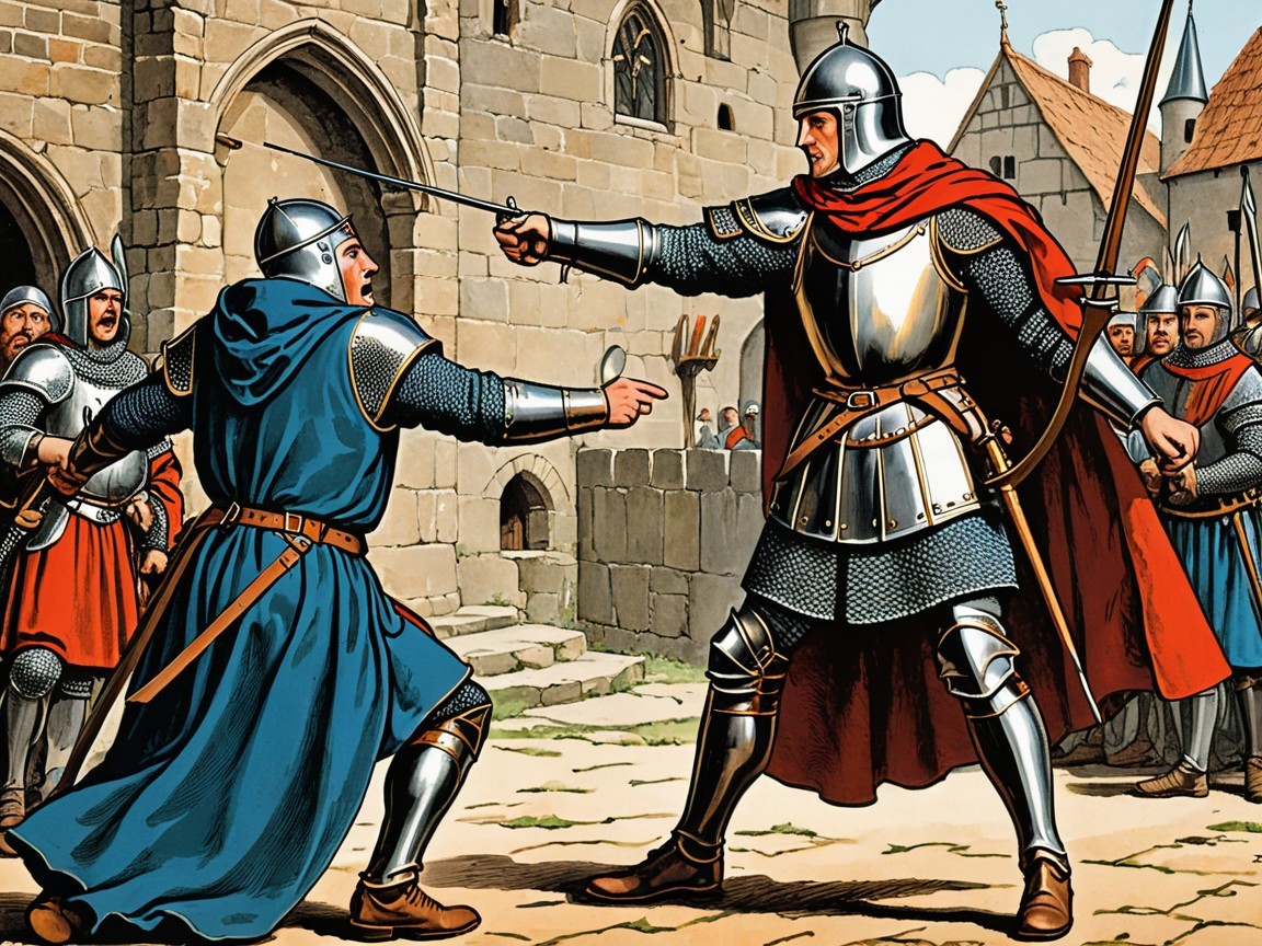 Knights Confrontation in Medieval Stone Setting