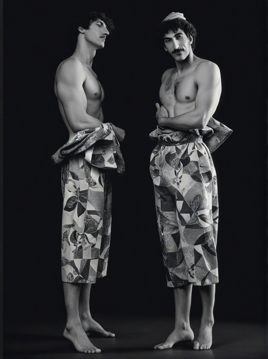 Shirtless Male Models in Patterned Trousers Against Black